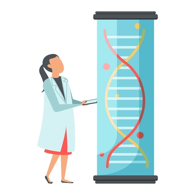 Future biotechnology flat icons composition with female scientist character and tube with dna sign vector illustration