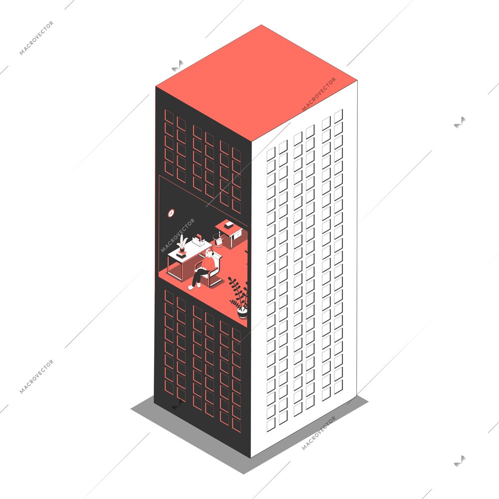 Office isometric composition with view of working place inside skyscraper tower building vector illustration