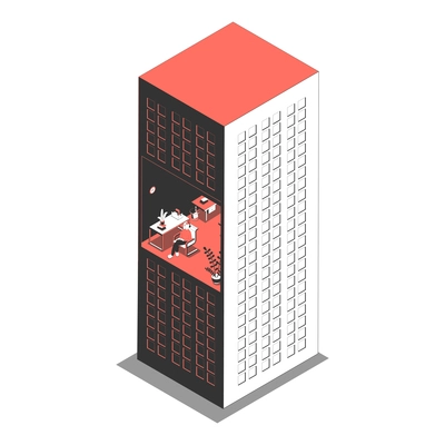 Office isometric composition with view of working place inside skyscraper tower building vector illustration