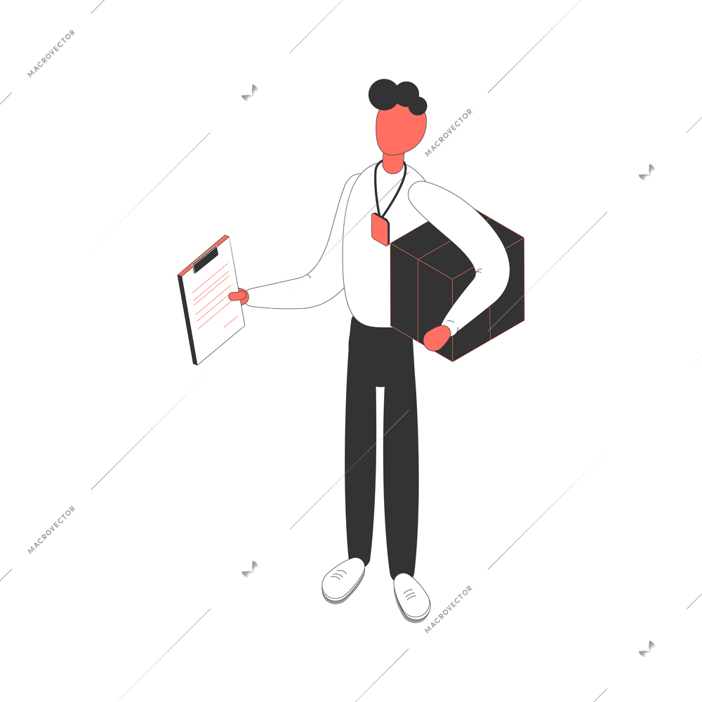 Office isometric composition with human character of employee with paper list and box vector illustration
