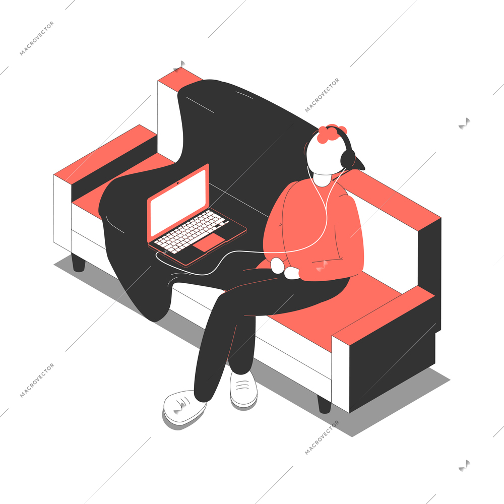 Office isometric composition with isolated image of sofa with relaxing worker listening to music in laptop vector illustration