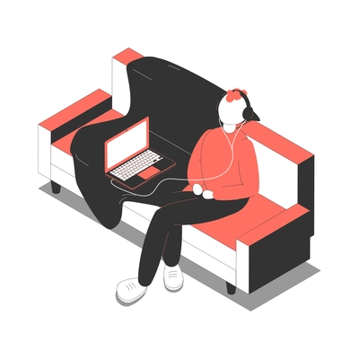 Office isometric composition with isolated image of sofa with relaxing worker listening to music in laptop vector illustration