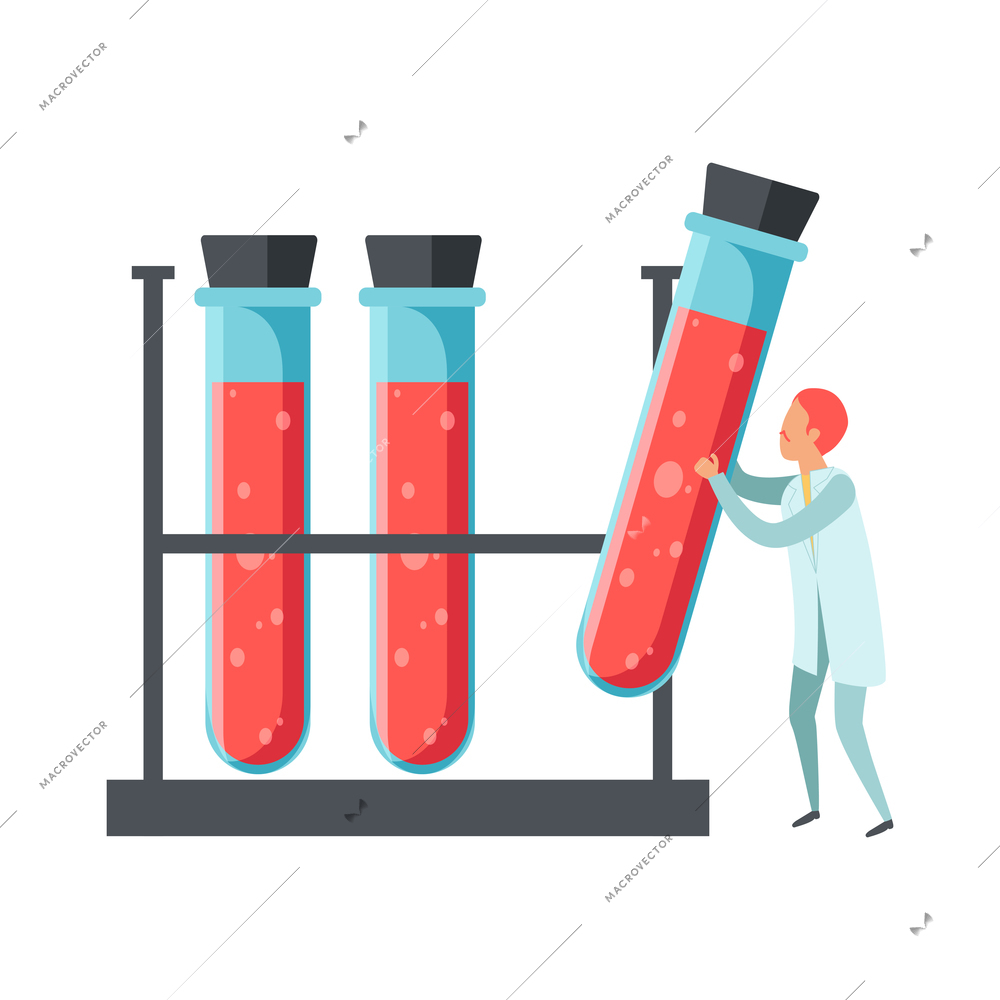 Future biotechnology flat icons composition with row of test tubes and character of scientist vector illustration