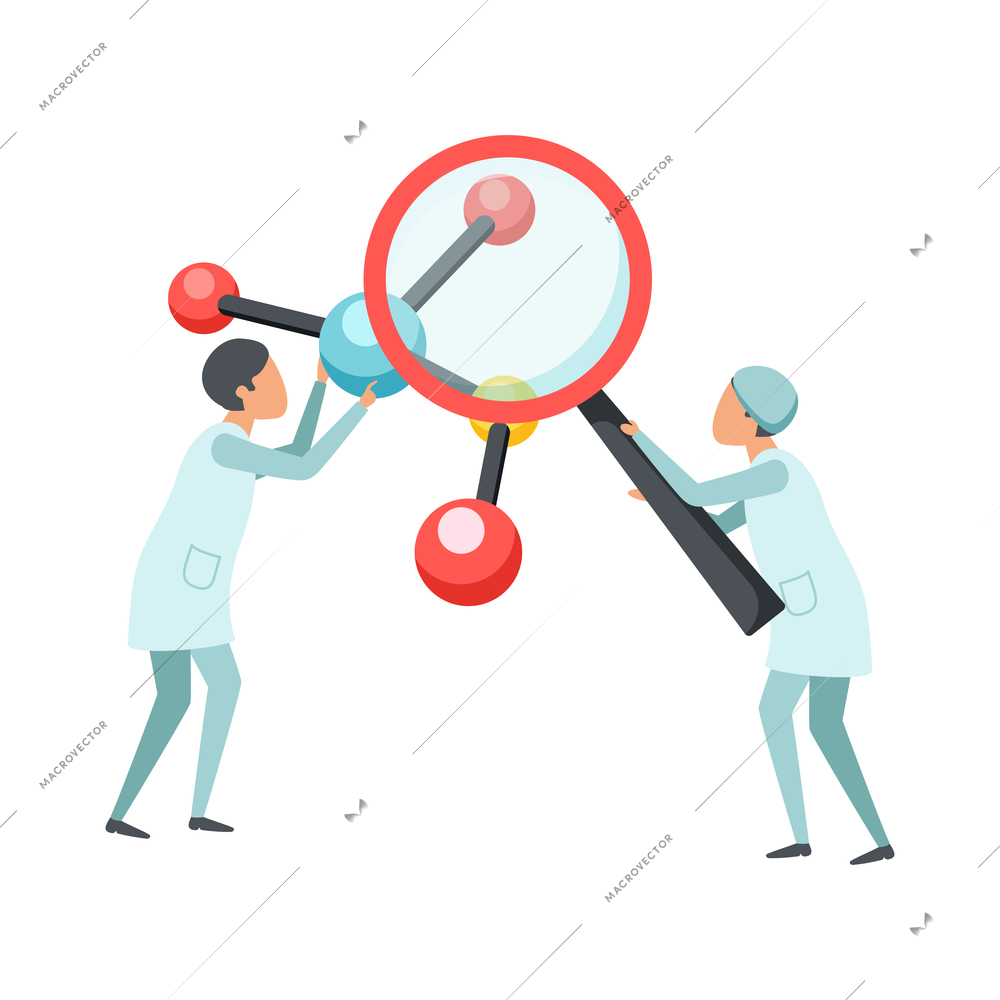 Future biotechnology flat icons composition with characters of scientists with hand glass and molecule vector illustration