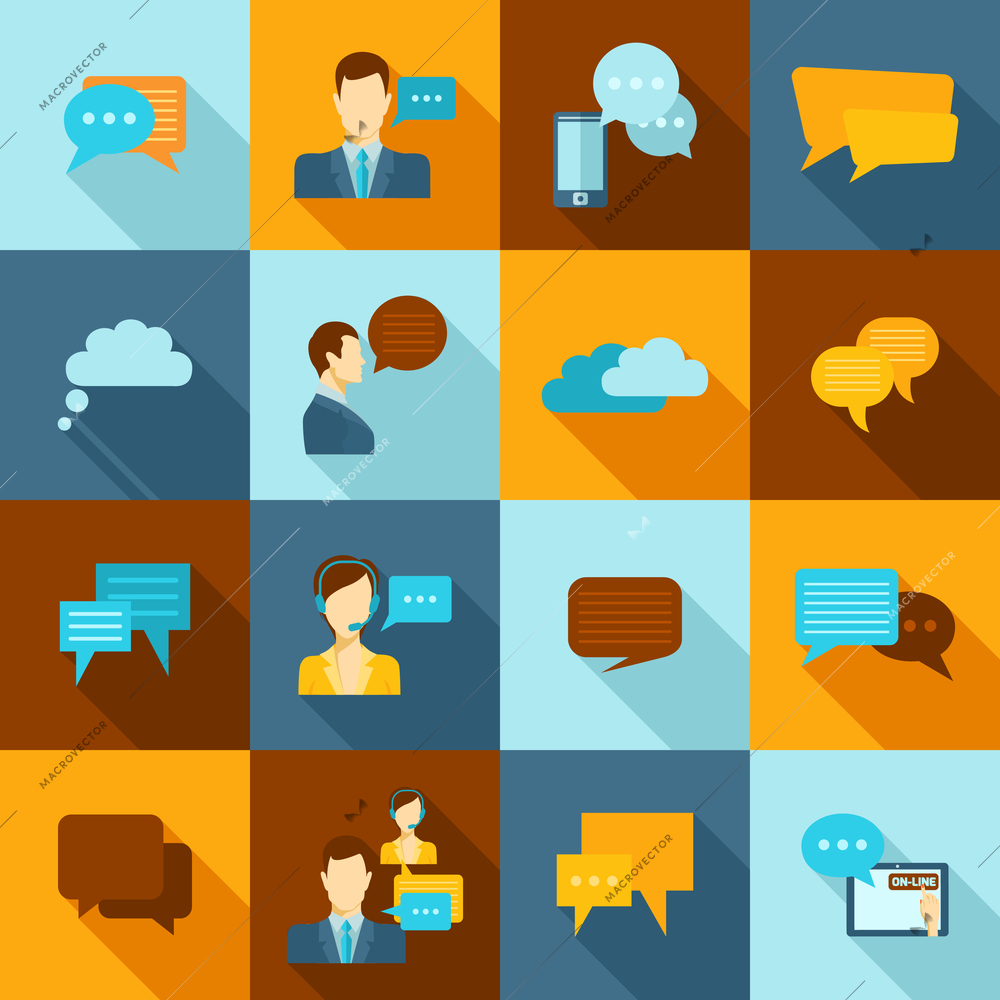 Chat icons flat set with speech bubbles and talking people avatars isolated vector illustration