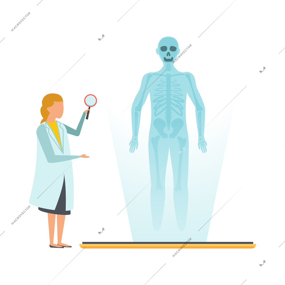 Future biotechnology flat icons composition with female scientist holding hand glass and human body with bones vector illustration