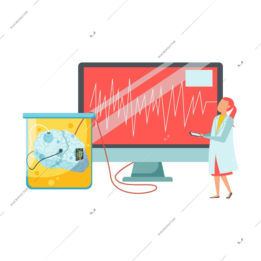 Future biotechnology flat icons composition with view of human brain under computer analysis with female scientist vector illustration