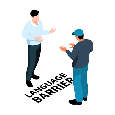 Isometric learning language training center composition with two guys not understanding each other vector illustration