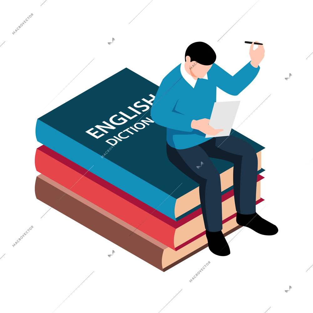 Isometric learning language training center composition with man sitting on stack of english books vector illustration