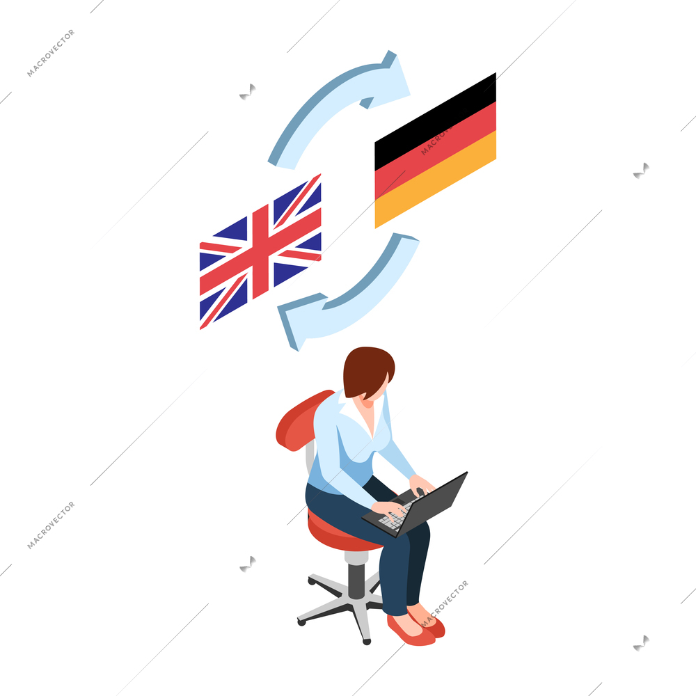 Isometric learning language training center composition with girl holding laptop with english and german flags vector illustration