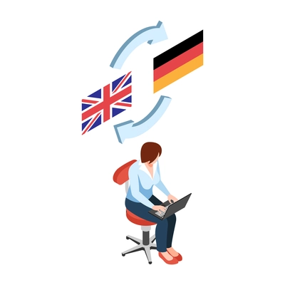 Isometric learning language training center composition with girl holding laptop with english and german flags vector illustration