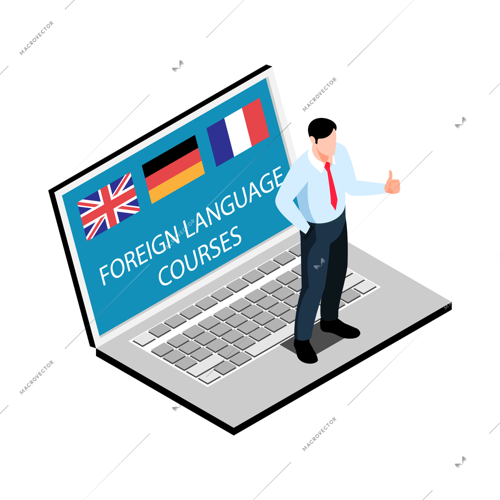 Isometric learning language training center composition with image of laptop with foreign tongue tutor character vector illustration