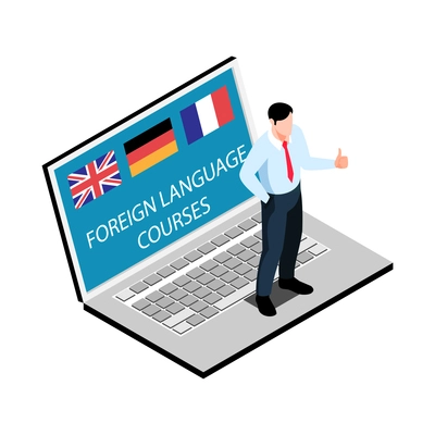 Isometric learning language training center composition with image of laptop with foreign tongue tutor character vector illustration