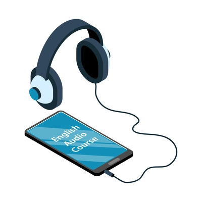 Isometric learning language training center composition with smartphone and headphones playing audio course vector illustration