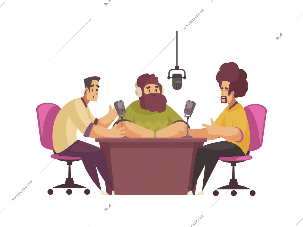 Radio composition with flat characters of radio station employees at working place with guest vector illustration