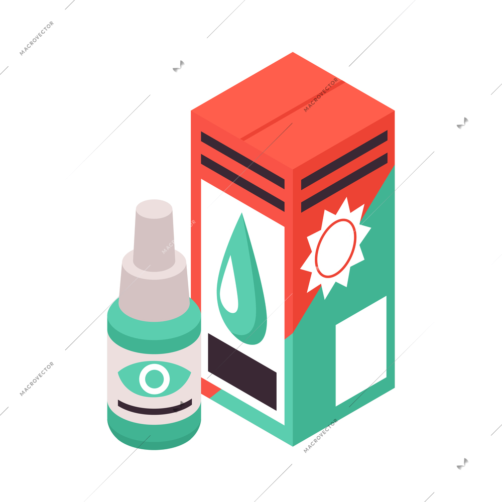 Isometric ophthalmology composition with isolated pack of eye drops medicine vector illustration