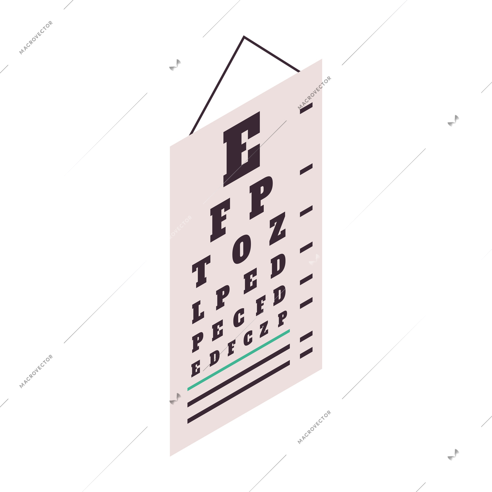 Isometric ophthalmology composition with isolated eye test chart board vector illustration