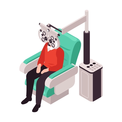 Isometric ophthalmology composition with isolated medical chair with sitting patient vector illustration