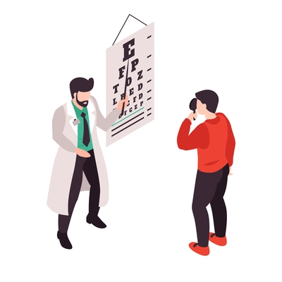Isometric ophthalmology composition with isolated characters of doctor performing vision test with patient and eye chart vector illustration