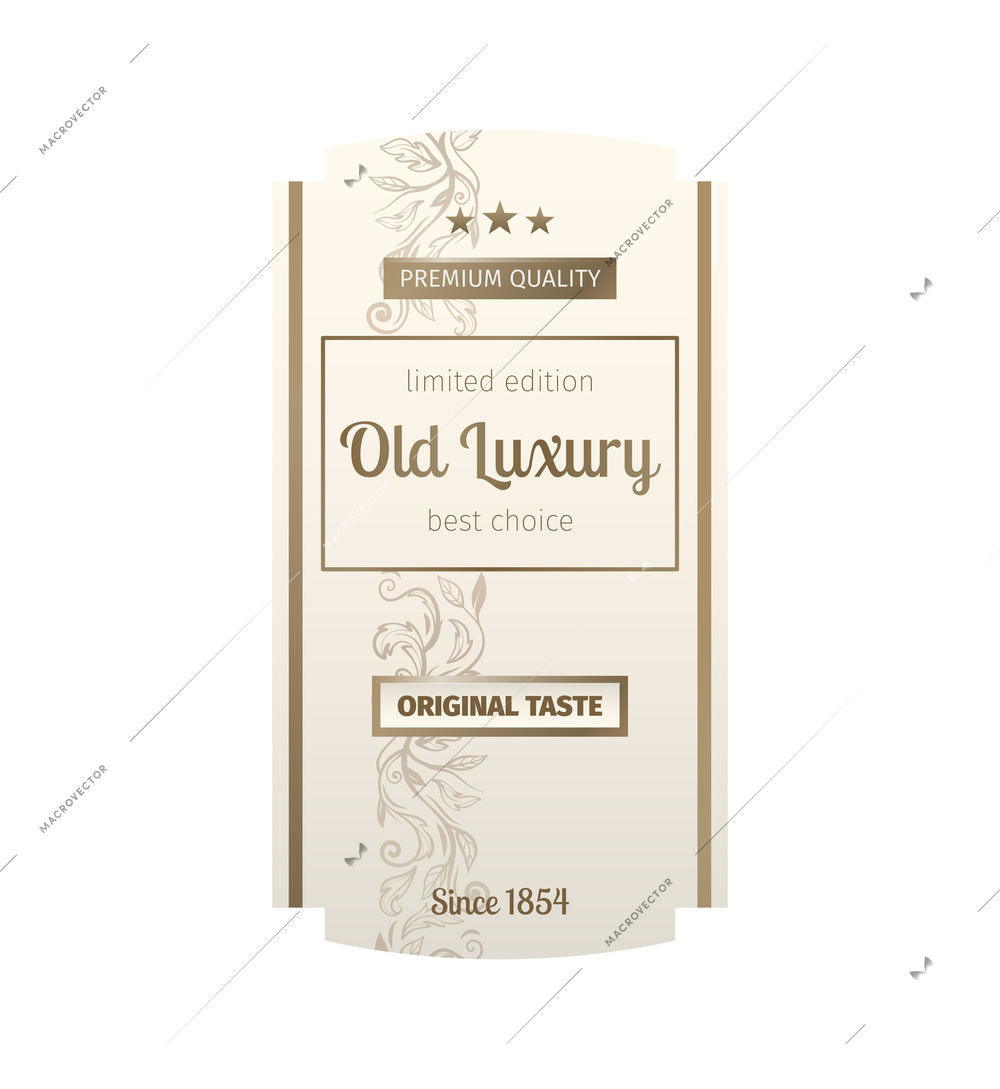 Retro luxury golden label composition with isolated monochrome bottle label with ornate text and decorations vector illustration