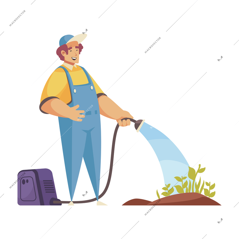 Professional gardener grass shrubbery trees hedges composition with character of gardener watering ground with flowers vector illustration