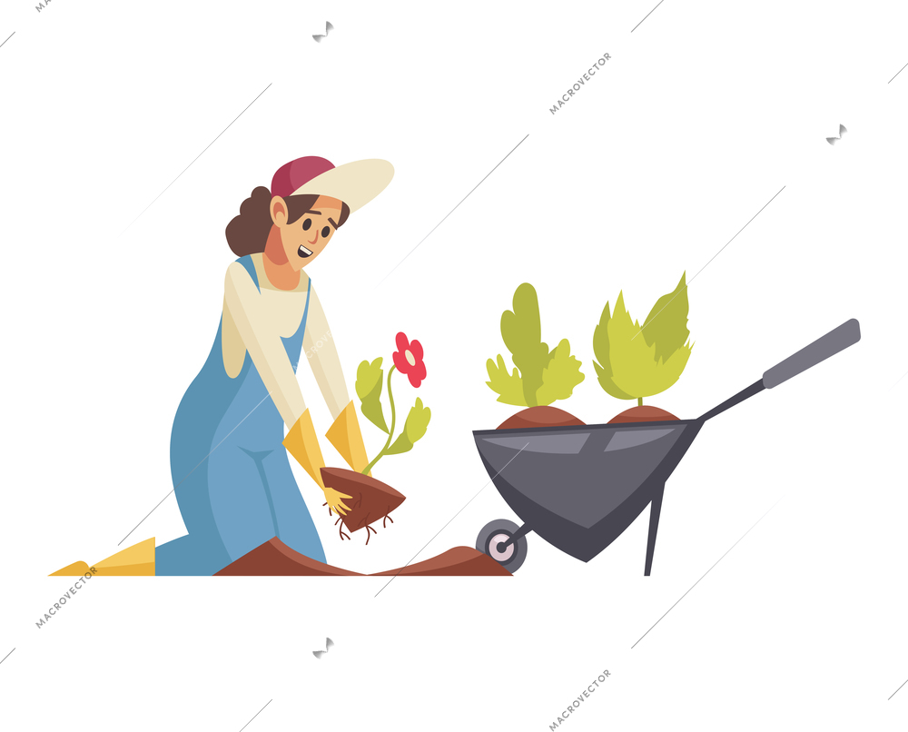 Professional gardener grass shrubbery trees hedges composition with female character holding flower in gloves vector illustration