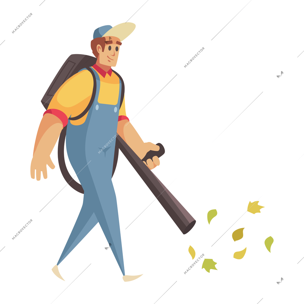 Professional gardener grass shrubbery trees hedges composition with male gardener blowing fallen leaves with air machine vector illustration