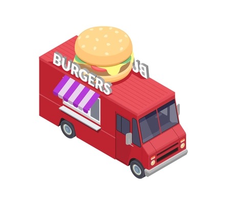 Food truck isometric composition with van based mobile fastfood selling point vector illustration