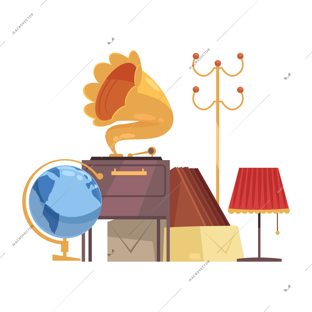 Garage sale object composition with desktop globe and lamps with gramophone vector illustration