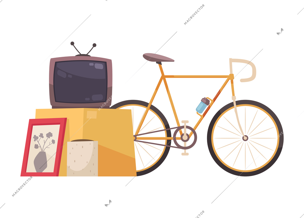 Garage sale object composition with goods for sale old tv bike and wall paintings vector illustration