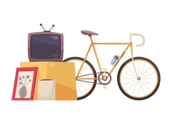 Garage sale object composition with goods for sale old tv bike and wall paintings vector illustration