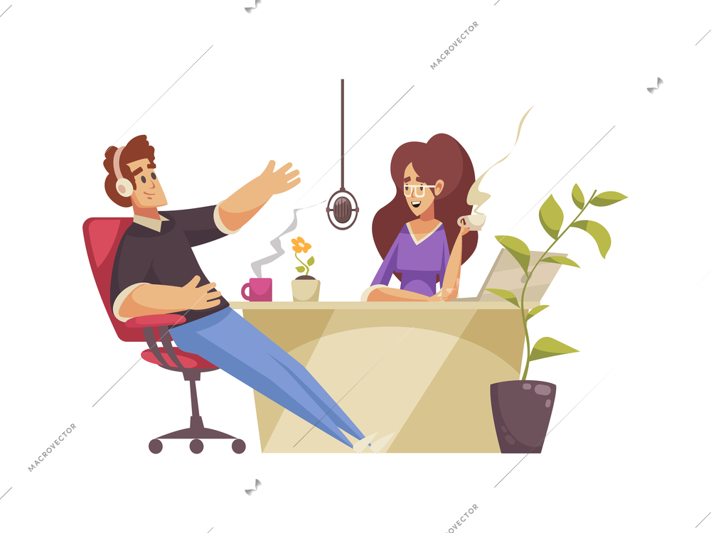 Radio composition with flat characters of radio station employees at working place vector illustration