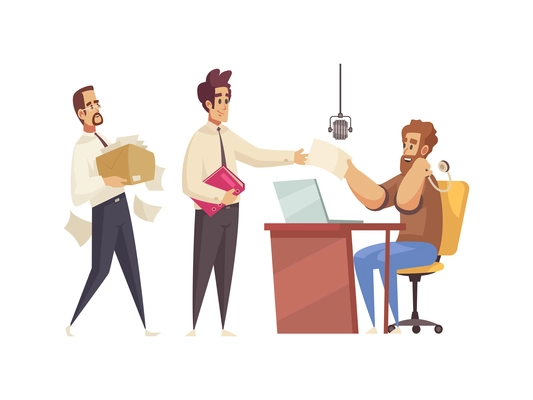 Radio composition with flat characters of radio station employees at working place vector illustration