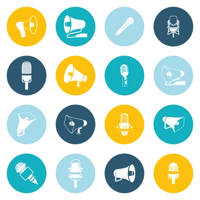 Microphone and megaphone loudspeaker technology media advertisement flat icon set isolated vector illustration