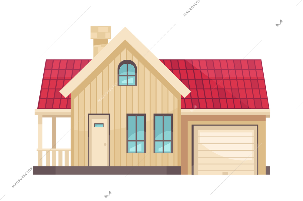 Garage sale object composition with image of house front with garage door vector illustration