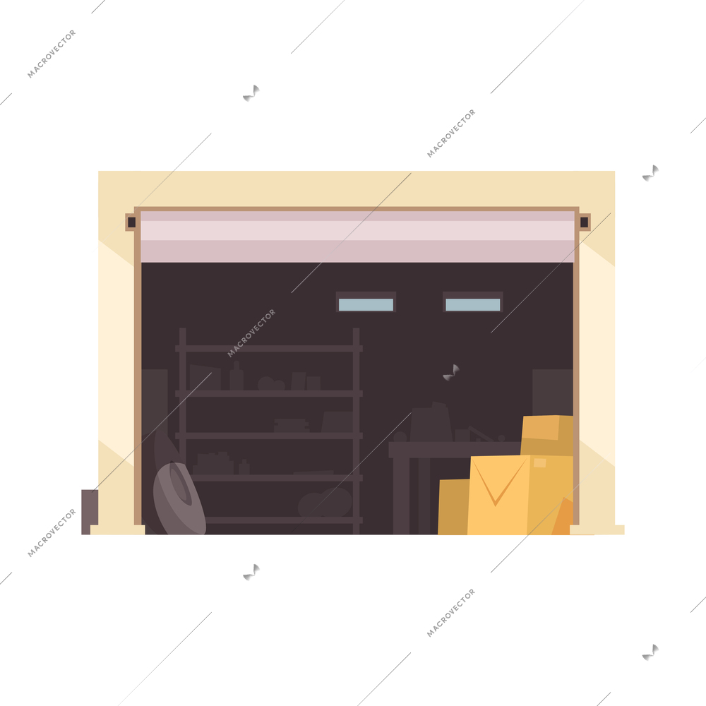 Garage sale object composition with view of garage with open door and stacks of boxes vector illustration