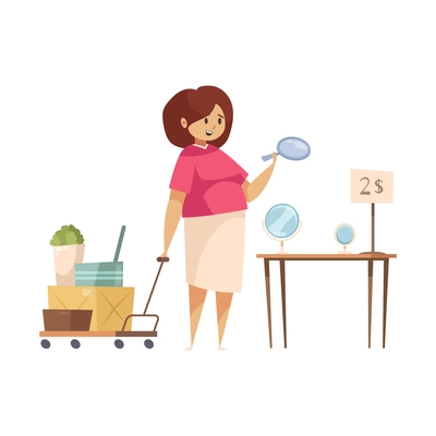 Garage sale object composition with woman buying hand mirrors for two dollars vector illustration