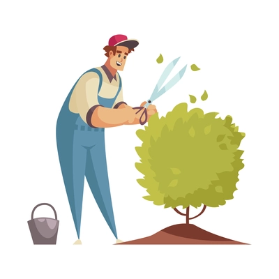 Professional gardener grass shrubbery trees hedges composition with male gardener tipping bush with scissors vector illustration