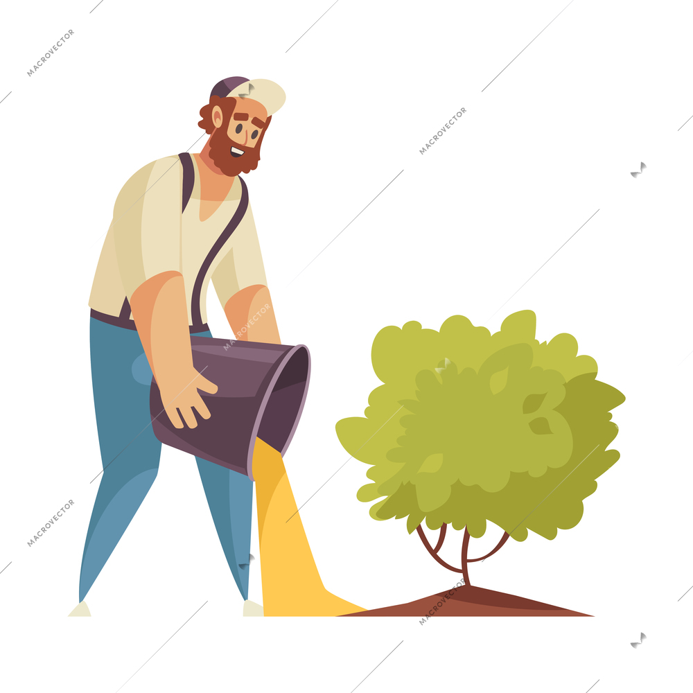 Professional gardener grass shrubbery trees hedges composition with male gardener pouring fertilizer out of bucket vector illustration