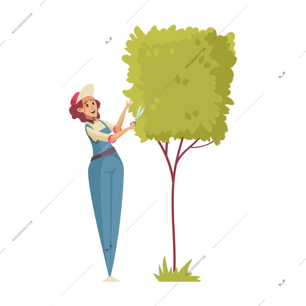 Professional gardener grass shrubbery trees hedges composition with female worker cutting tree branches with scissors vector illustration