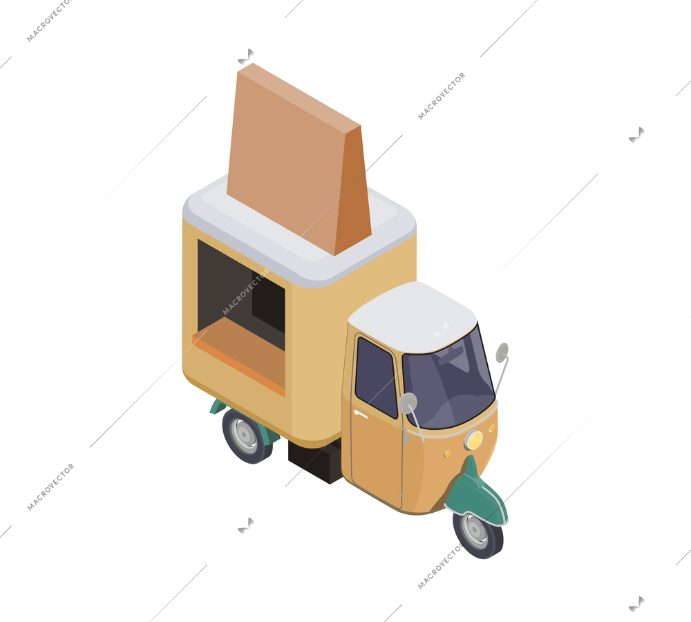 Food truck isometric composition with motorbike based mobile fastfood selling point vector illustration