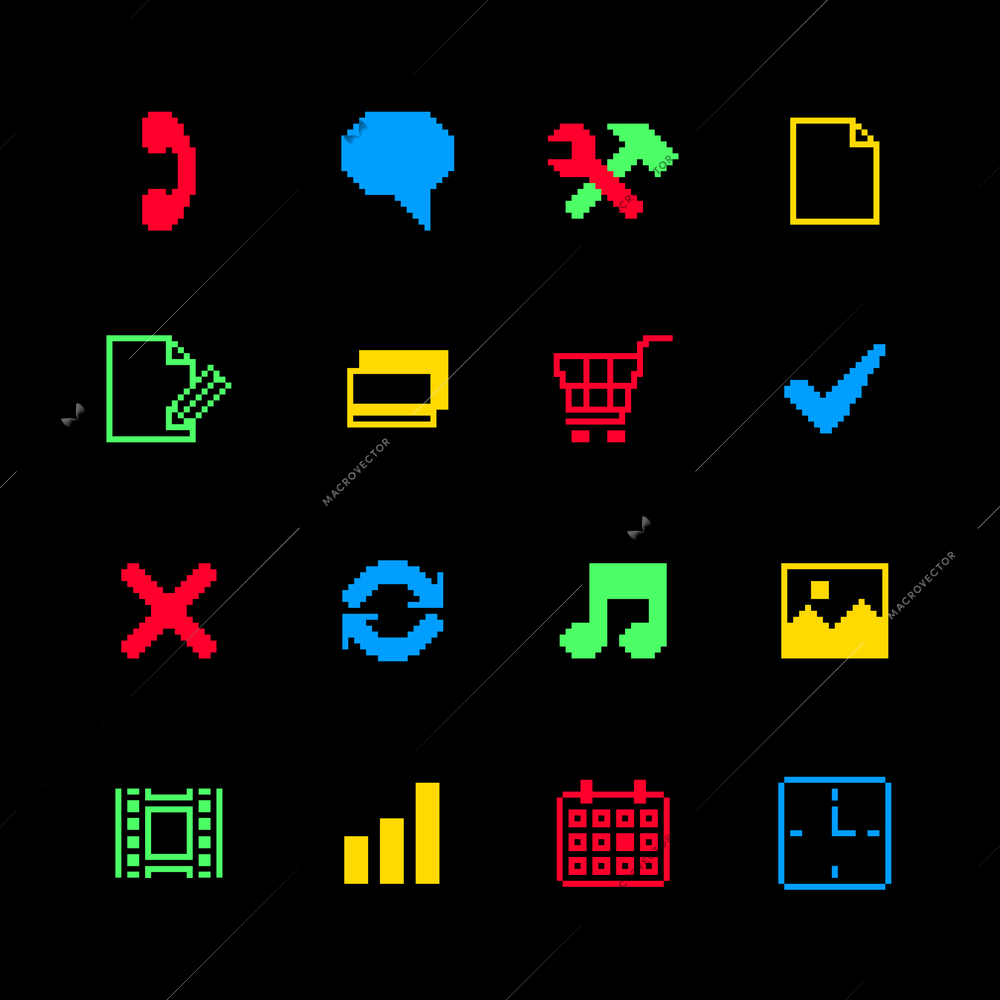 Colored pixel icons set for online shopping of cart call media payments isolated vector illustration