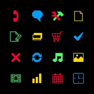 Colored pixel icons set for online shopping of cart call media payments isolated vector illustration