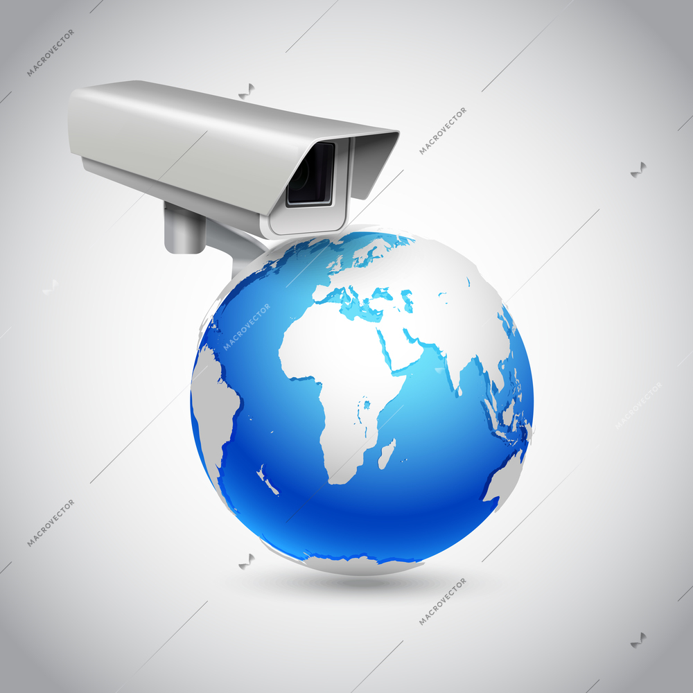 Global surveillance concept with globe and protection system camera vector illustration