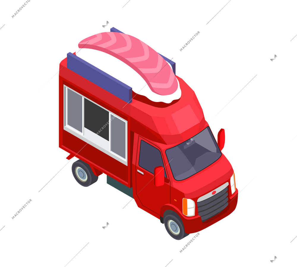 Food truck isometric composition with van based mobile fastfood selling point vector illustration