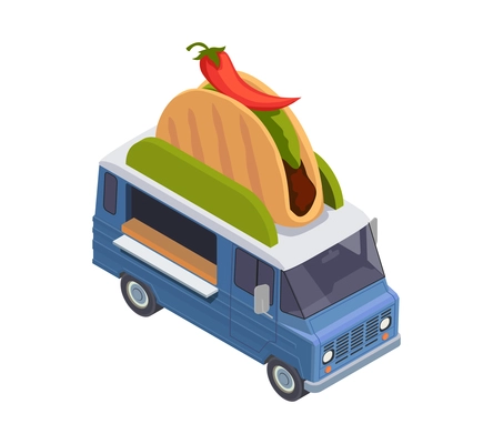 Food truck isometric composition with van based mobile fastfood selling point vector illustration