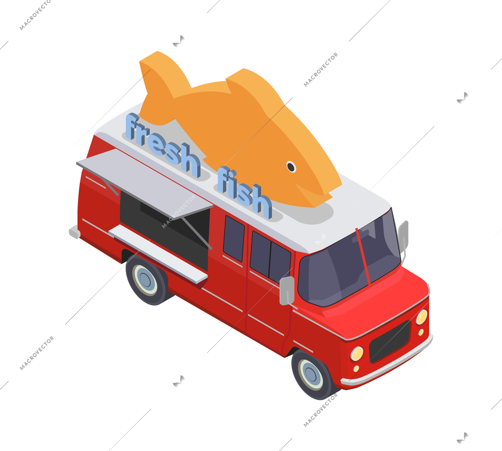 Food truck isometric composition with van based mobile fastfood selling point vector illustration