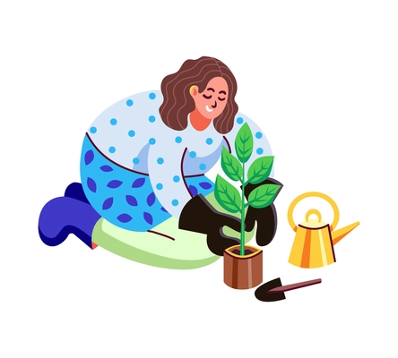 Hobbies leisure activity pastime people composition with girl planting flower in pot vector illustration