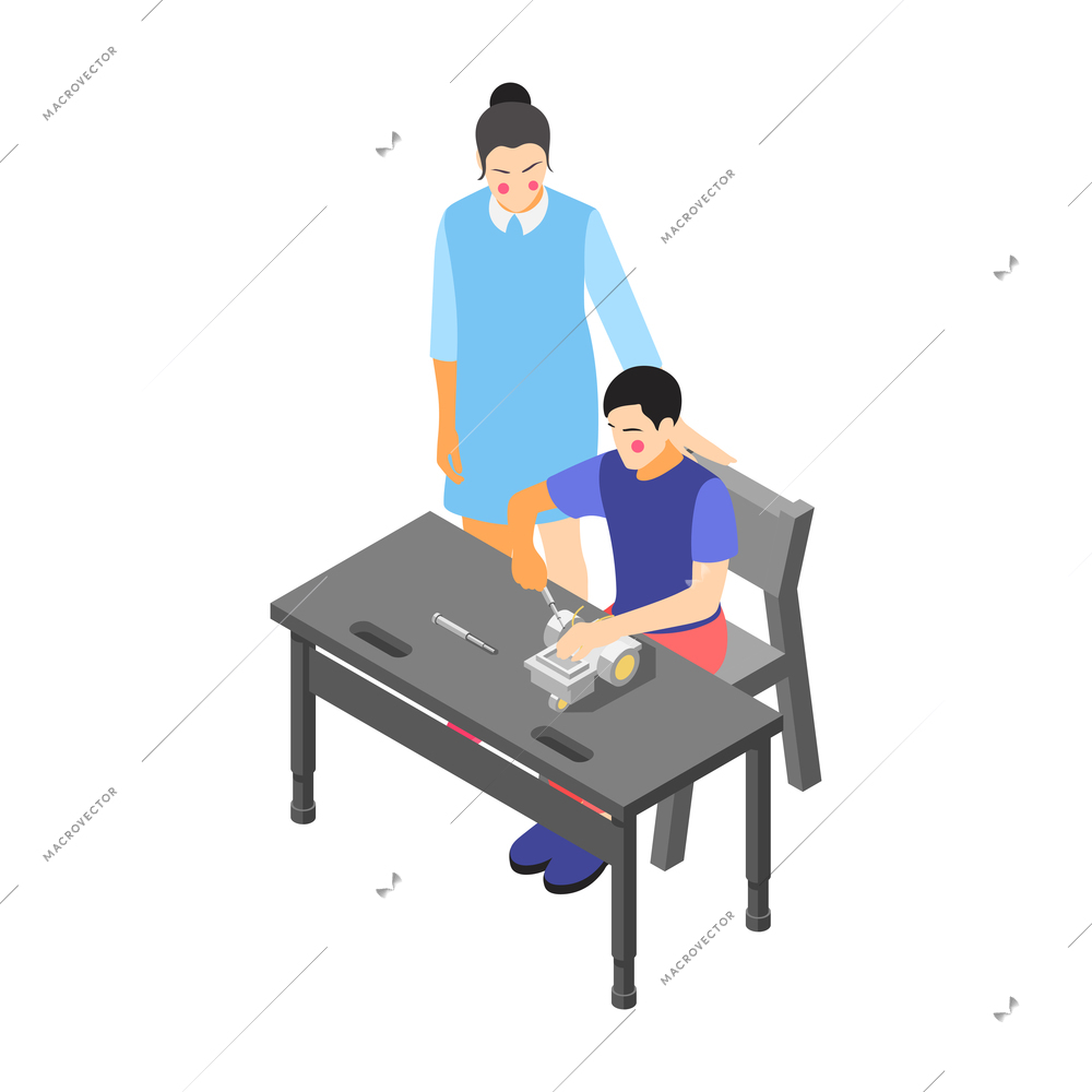 Children technical training centers  isometric compositions set with robotic control systems programming science classes isolated vector illustration