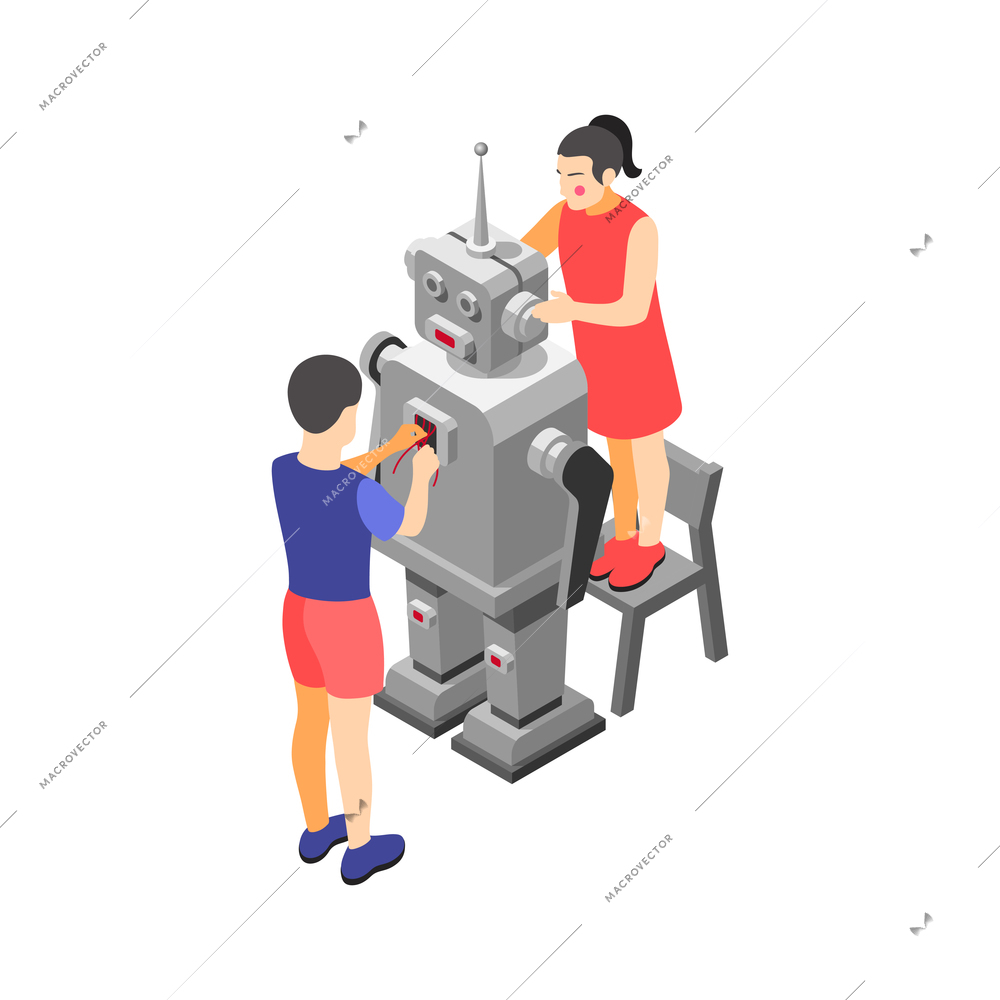 Children technical training centers  isometric compositions set with robotic control systems programming science classes isolated vector illustration